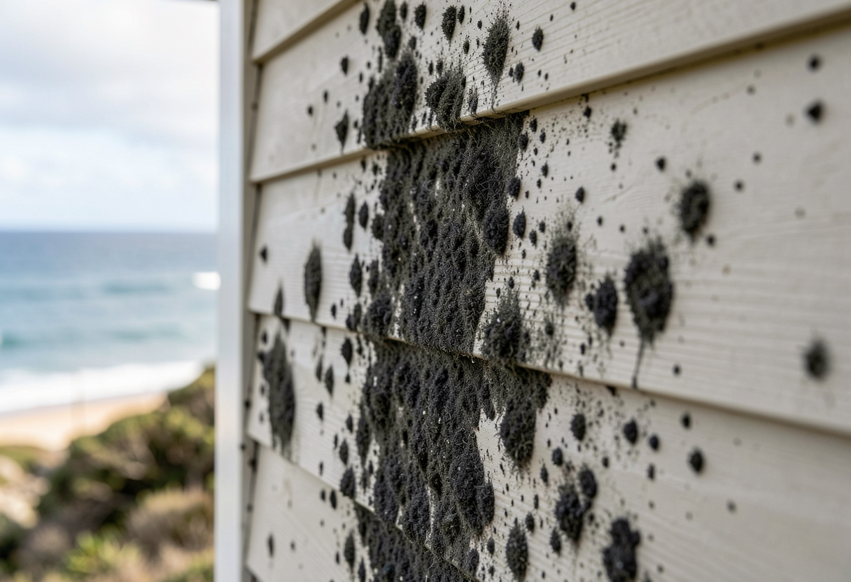 dark mould growth spreading across rendered external wall