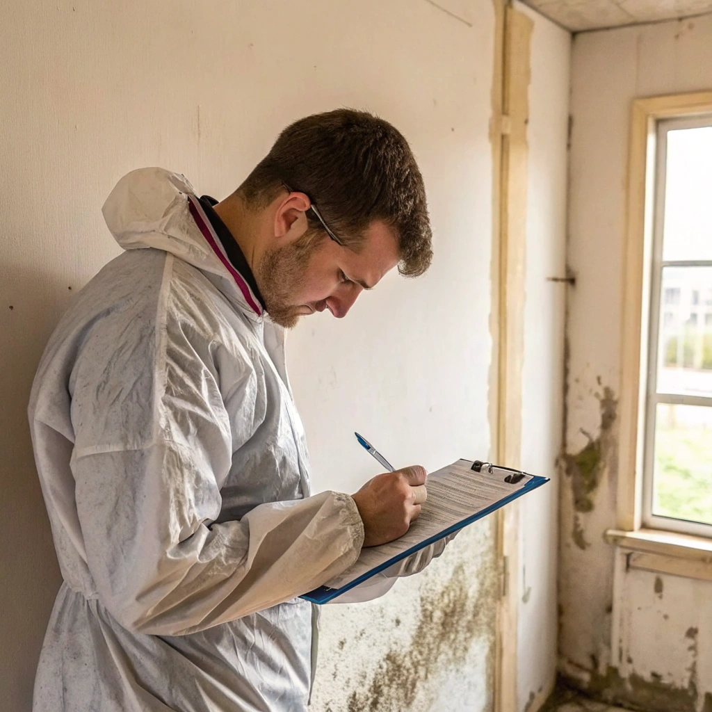 Mould removal technician completing a written inspection report and clearance documentation