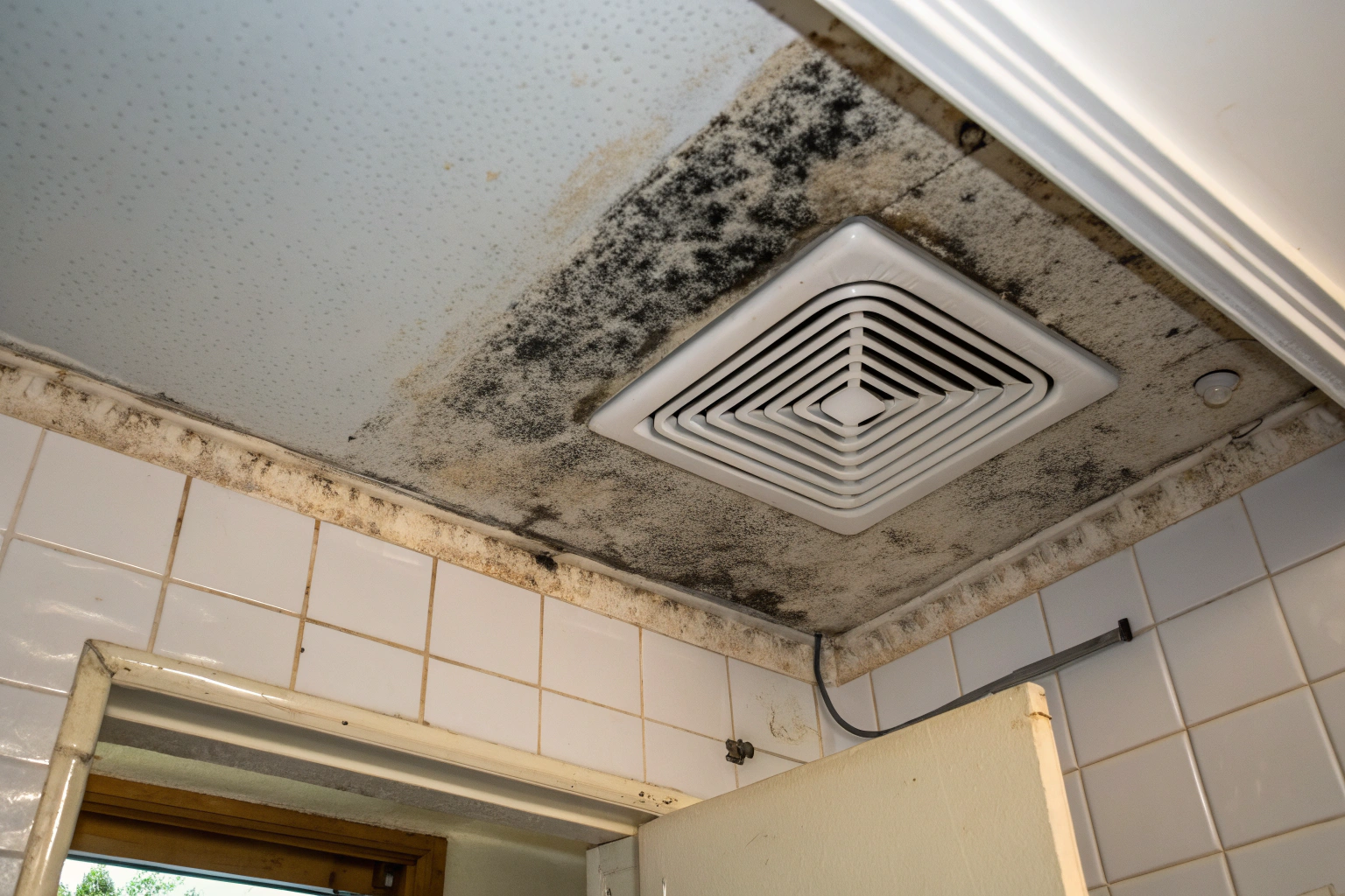 Close-up view of black and grey mould growth spreading across a bathroom ceiling near a vent in an older Australian home.