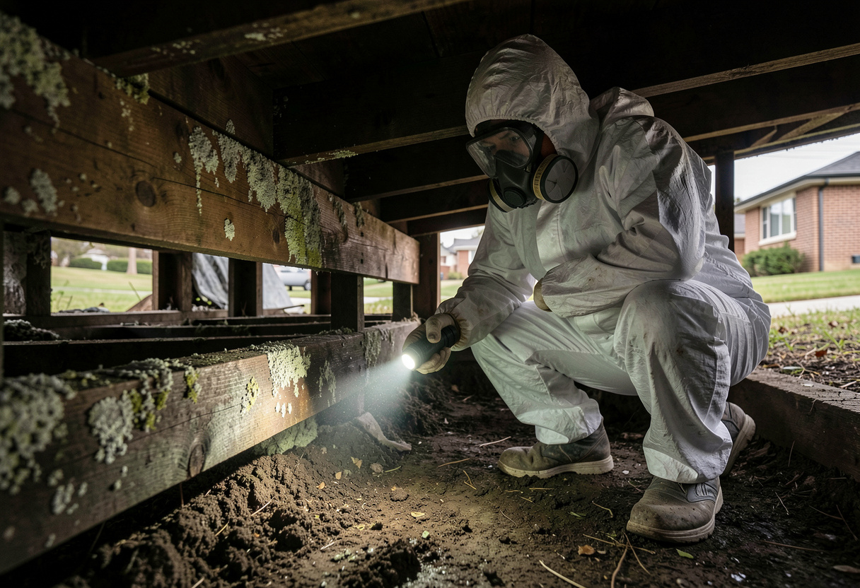 timber floor joists with visible mould growth